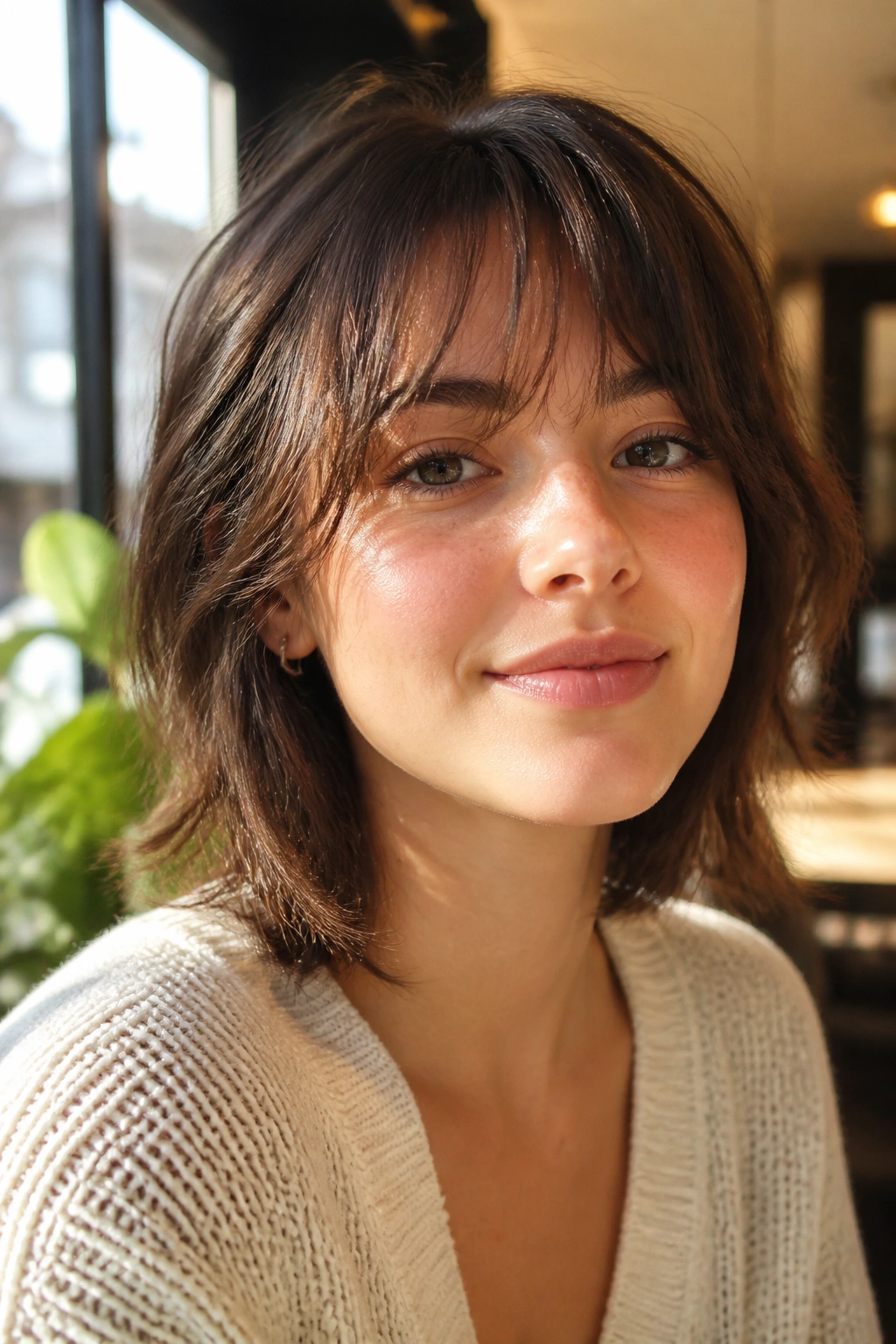 Real woman with wispy brow-grazing bangs in sunlit space