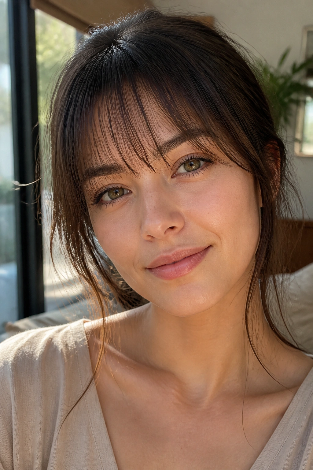 Close-up of wispy brow-grazing bangs with tapered ends on a real person