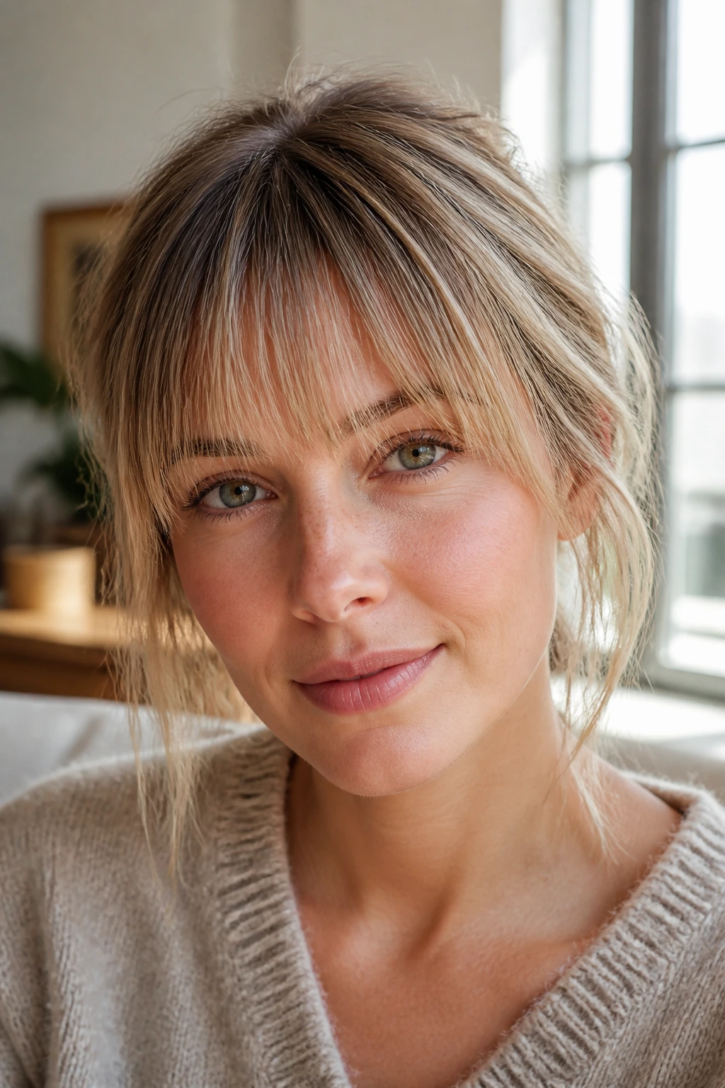 Real woman with wispy eyebrow-skimming bangs in sunlit room