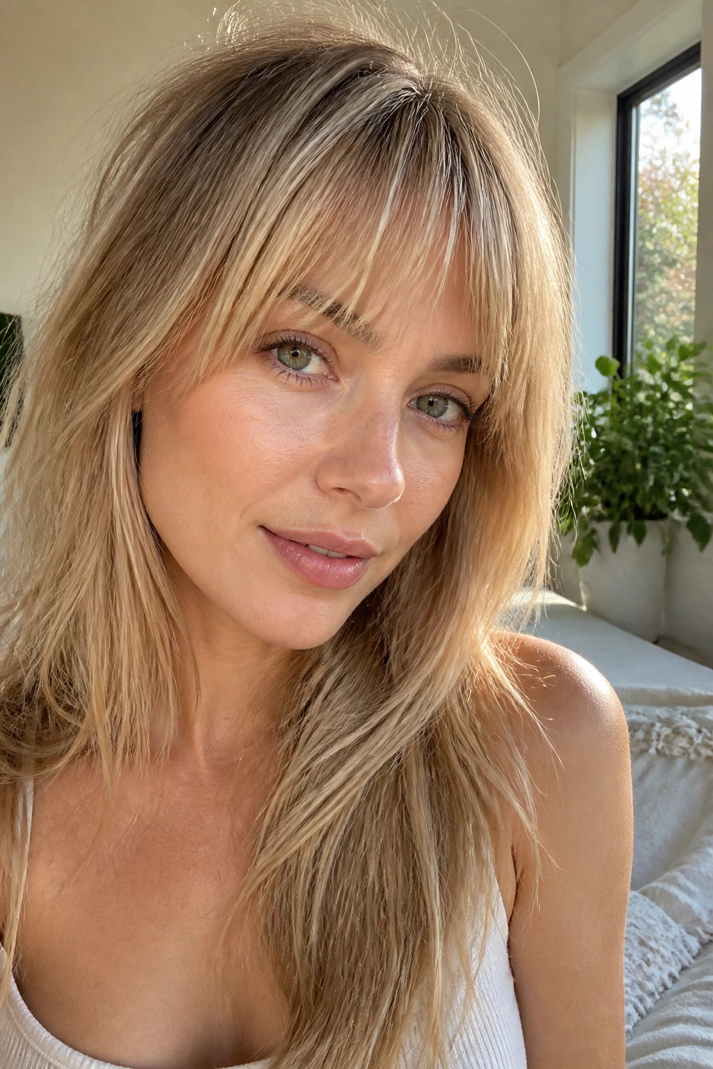 Close-up of a real woman with wispy champagne bangs in soft light.