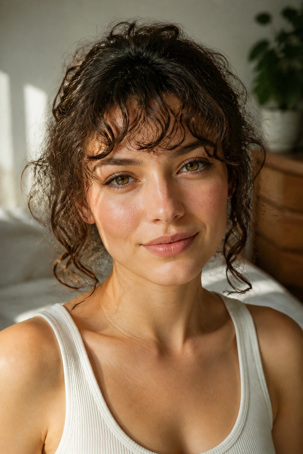 Real woman with wispy curly bangs on finer hair in soft morning light.