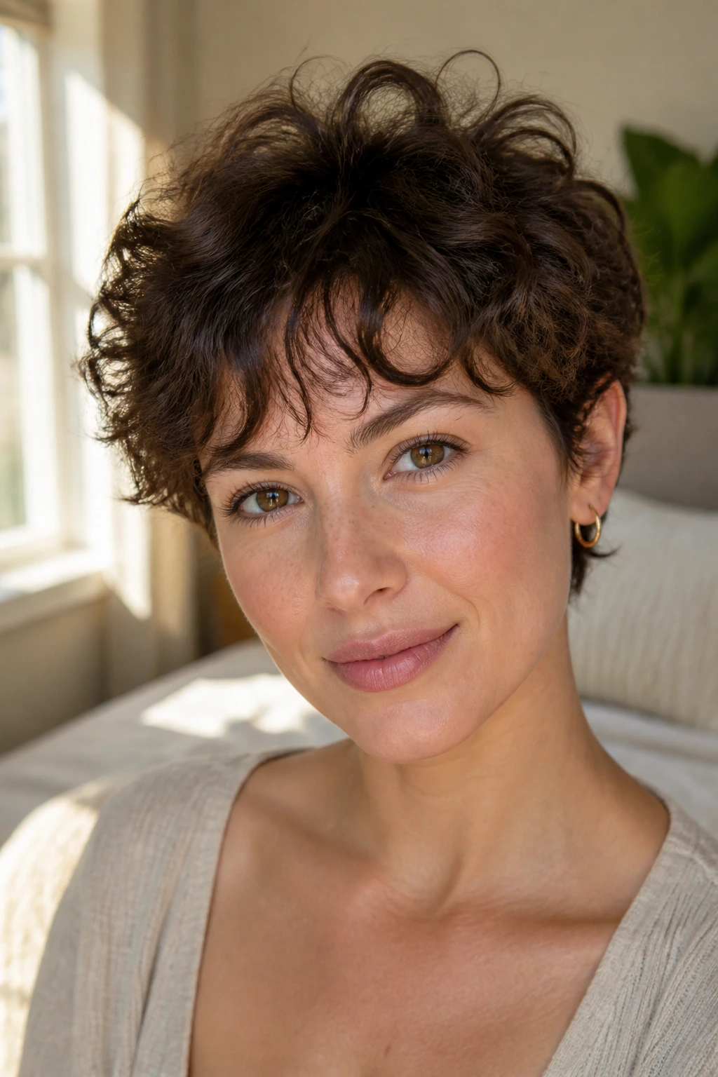 Close-up portrait of a real woman with a wispy curly pixie and light fringe.