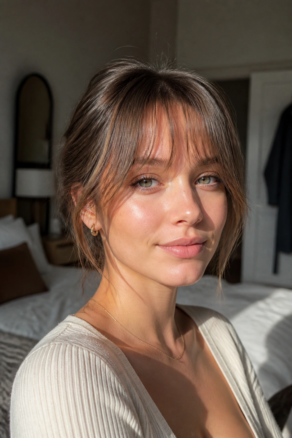 Close-up portrait of a real woman with wispy curtain bangs for fine hair