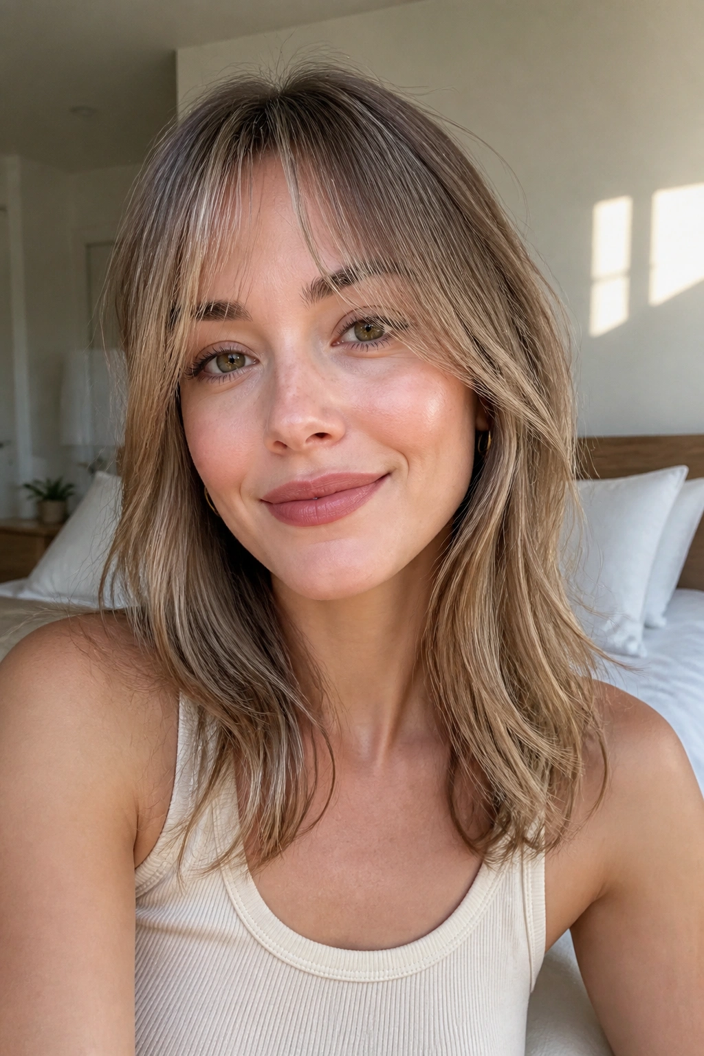 Close-up portrait of a real person with wispy curtain bangs for fine hair