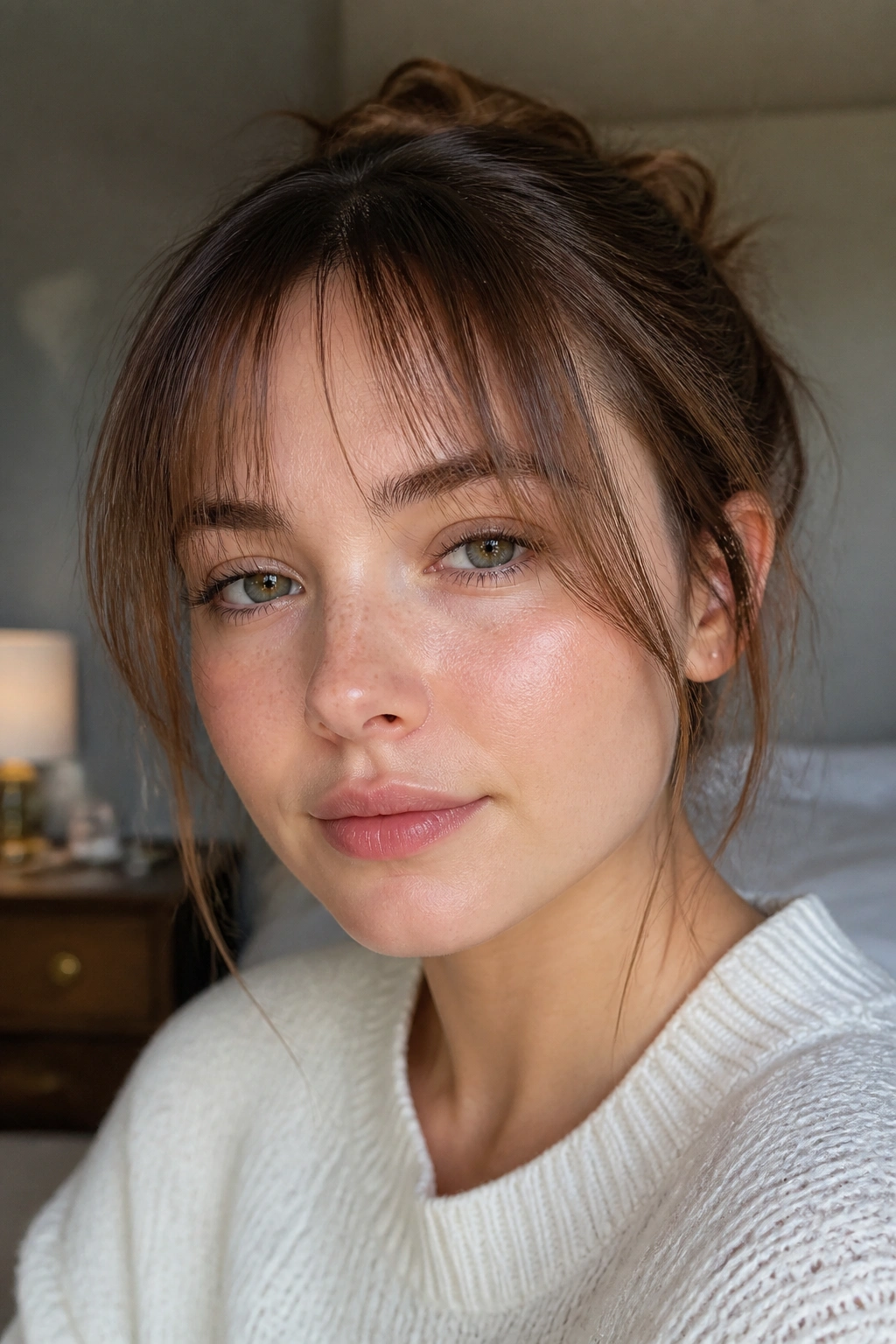 Close-up of a real person with wispy curtain bangs on fine hair in a softly lit room
