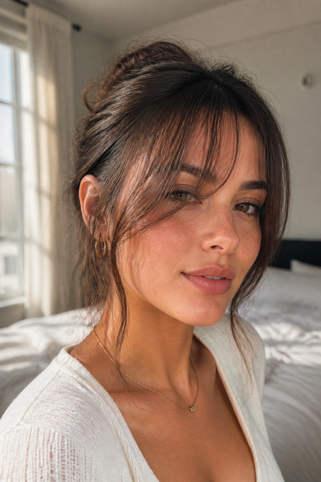 Close-up of a real woman with wispy see-through curtain bangs under soft daylight.