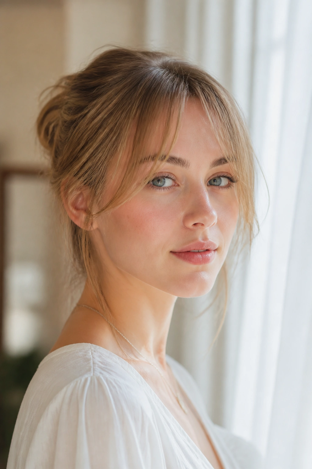 Real woman with wispy curtain bangs in bright, soft daylight