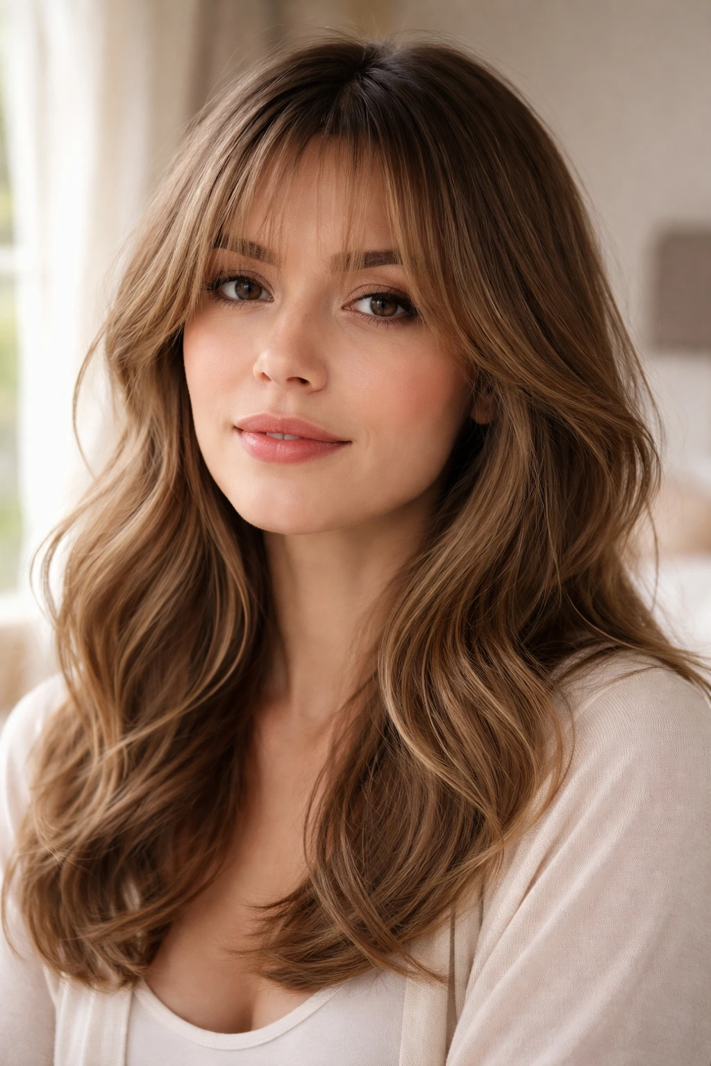 Close-up portrait of a real woman with wispy curtain bangs in warm window light