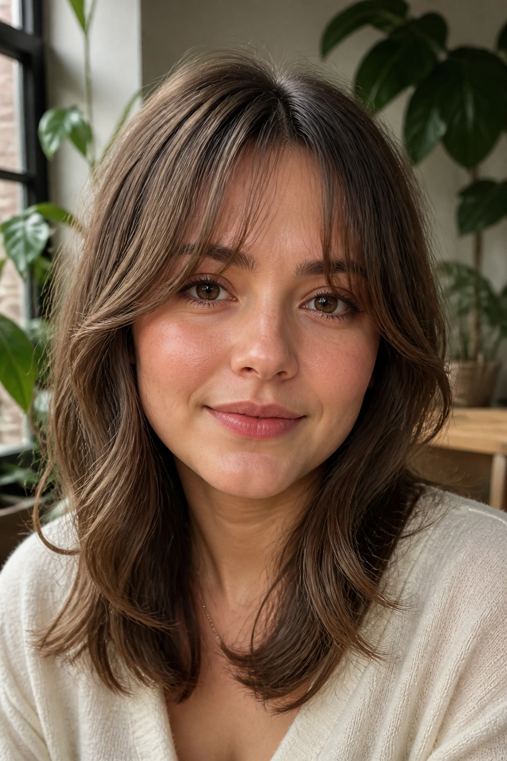 Close-up of a real woman with wispy curtain bangs
