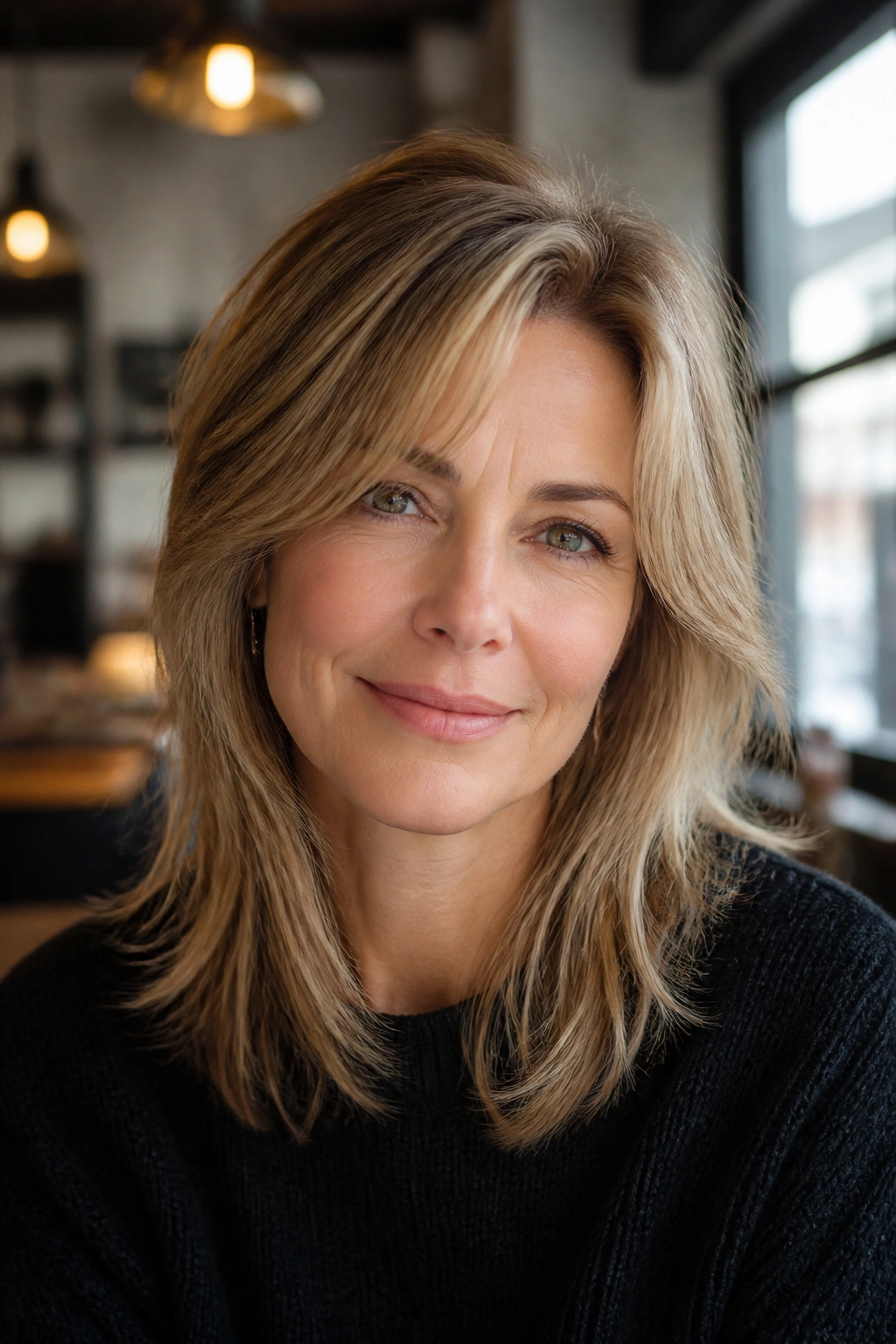 Close-up of a real woman with wispy curtain layers and a side part.