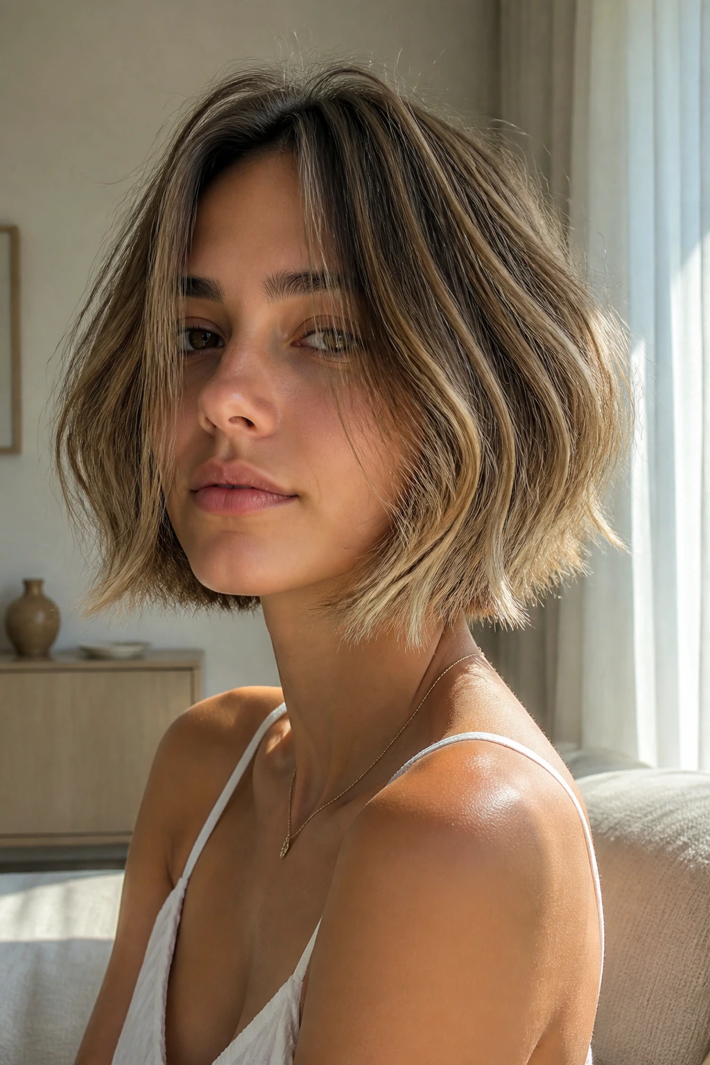 Portrait of a real woman with feathered wispy ends on a bob