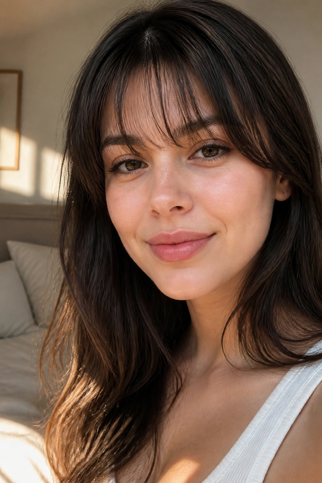 Close-up of a real woman with a wispy eyebrow-grazing fringe