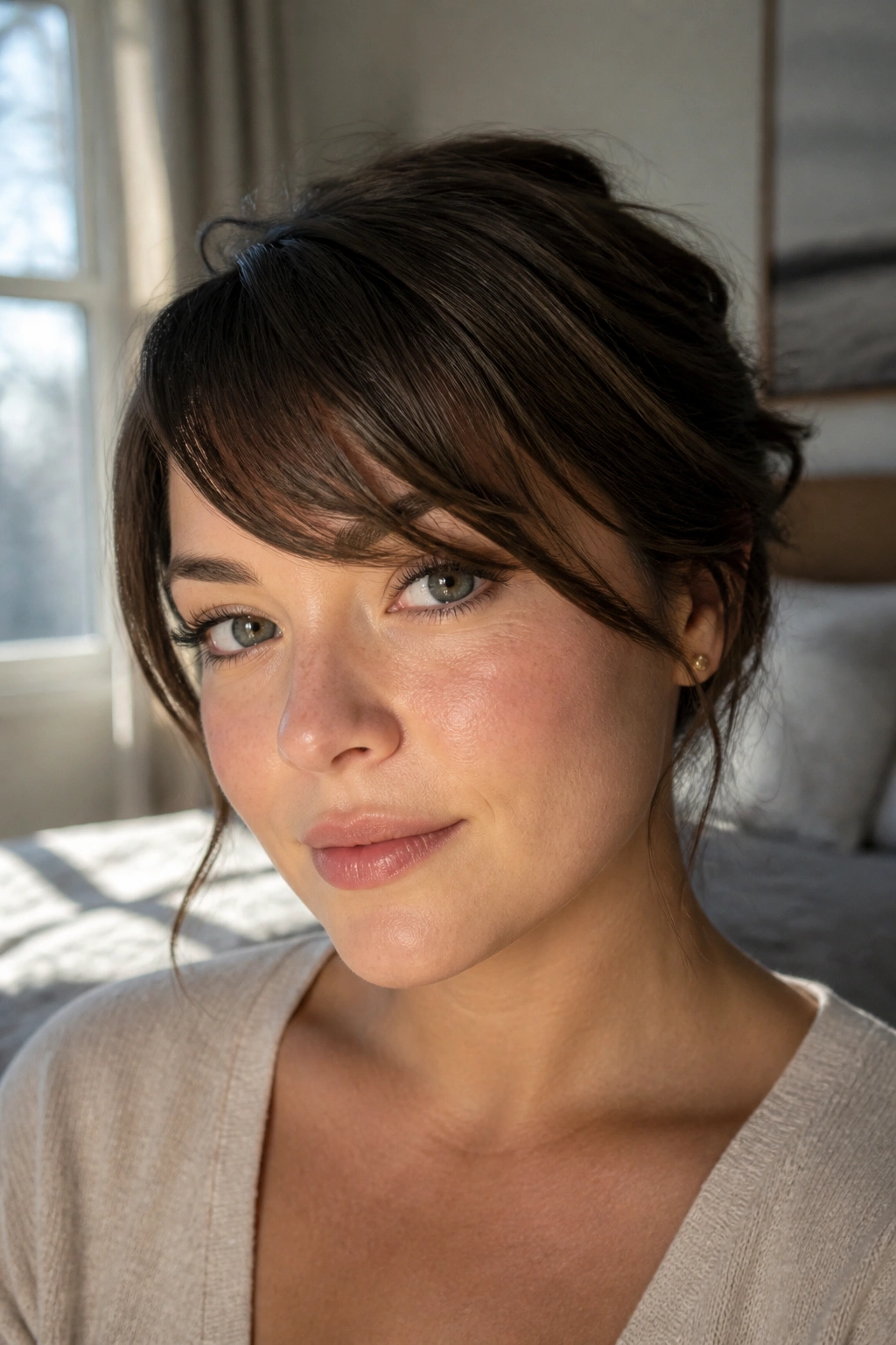 Close-up portrait of a real woman with wispy feathered sweep bangs on a round face