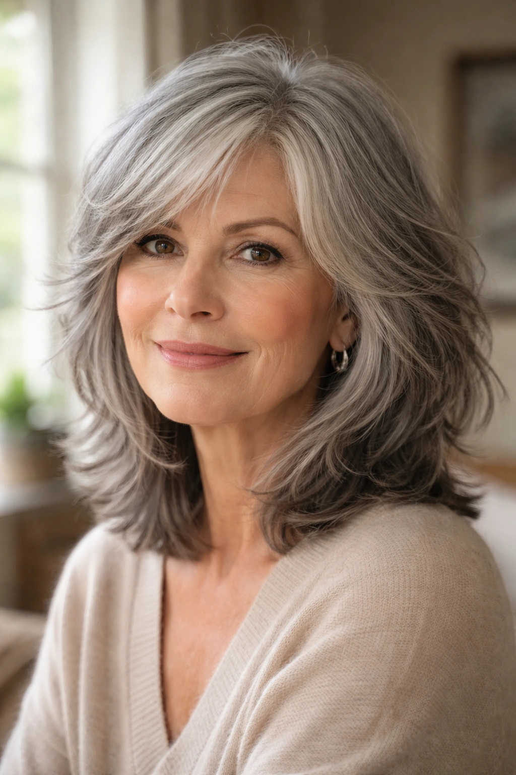 Close-up of a real woman with silver grey hair and wispy feathered layers