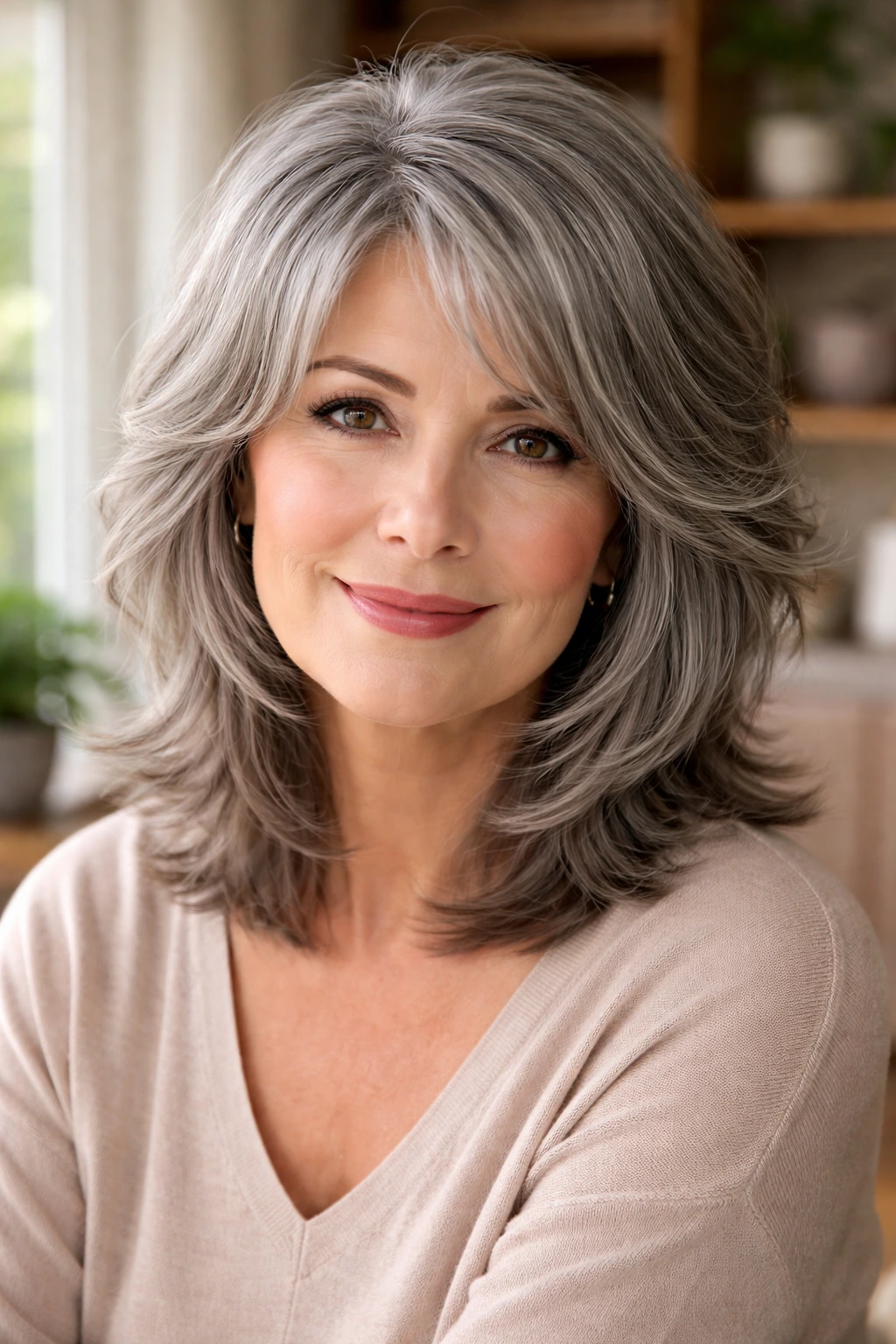 Portrait of a woman with wispy feathered layers on grey mid-length hair.