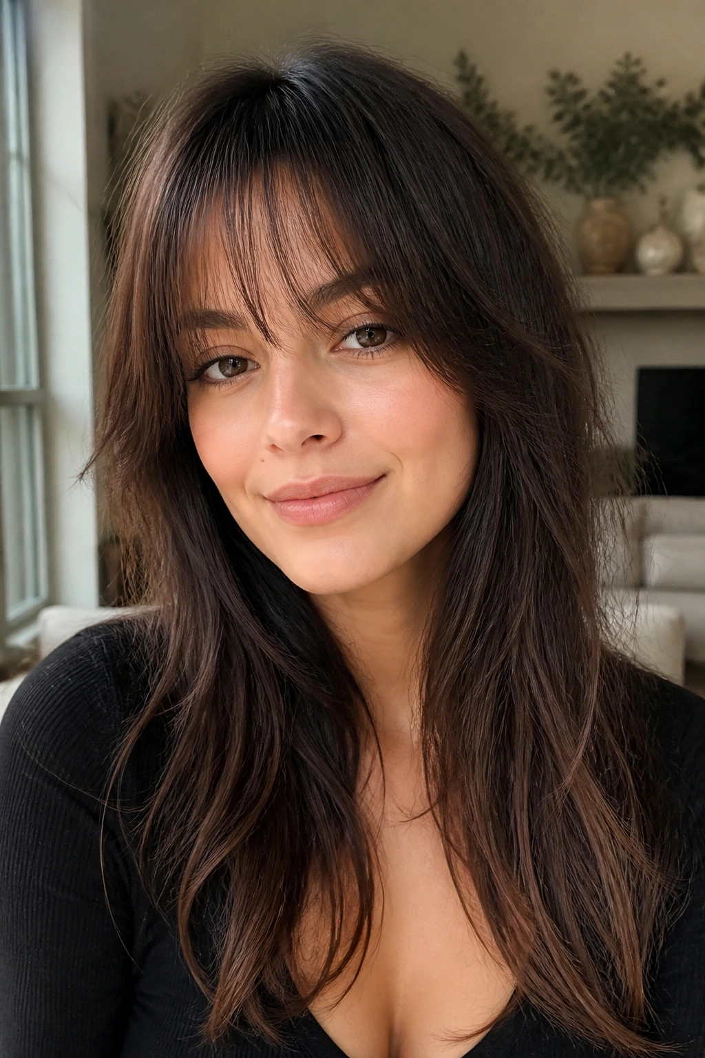 Close-up of a real woman with wispy fringe and airy ends, sunlit room.