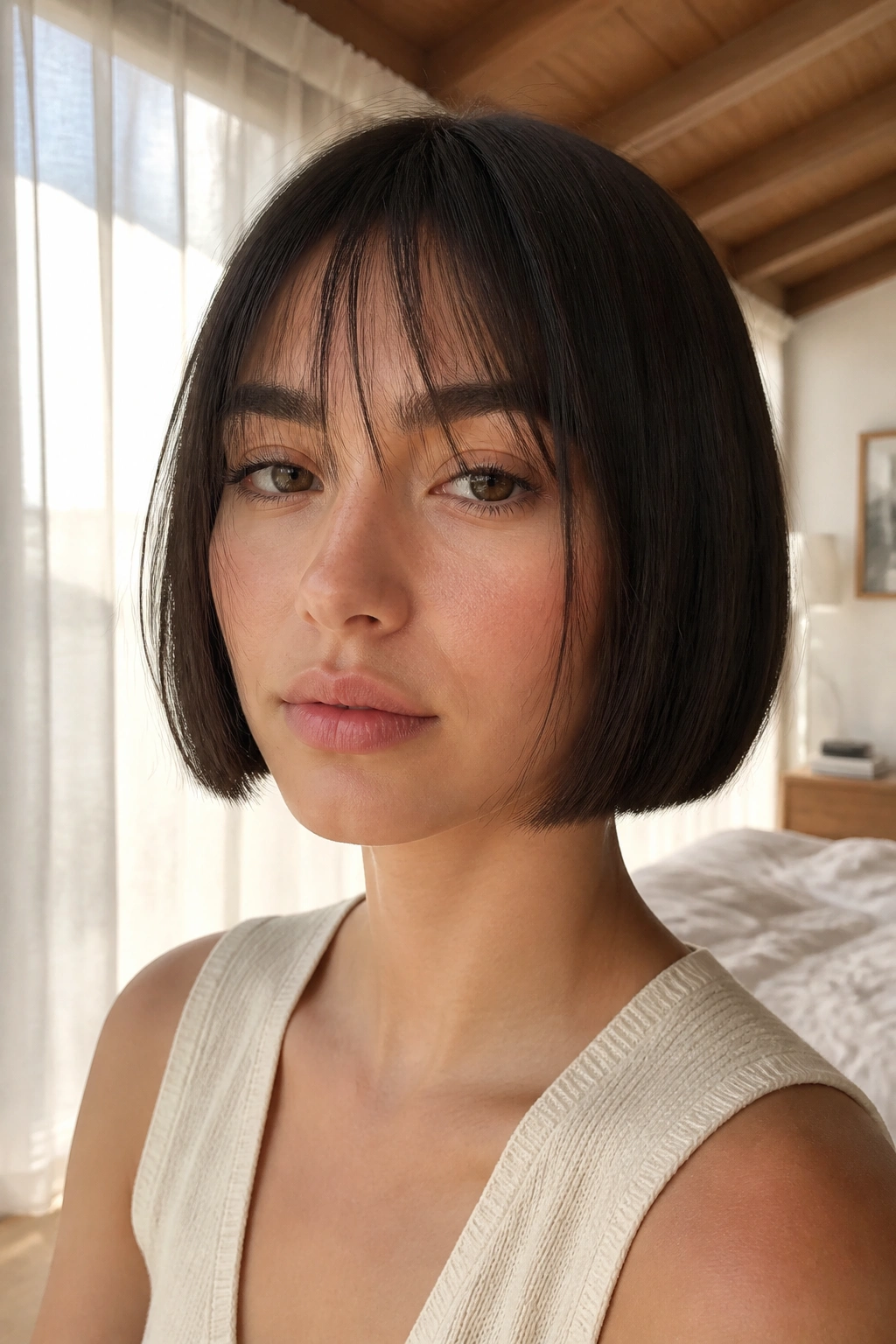 Real woman with minimalist bob and wispy fringe close-up