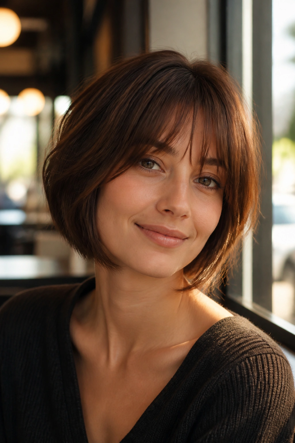 Close-up of a real woman with wispy fringe bob in chestnut brown