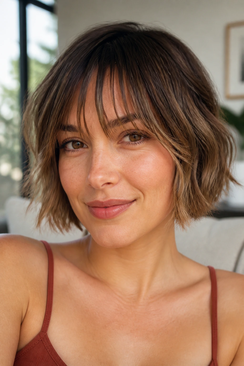 Close-up portrait of a real woman with a wispy fringe and choppy bob