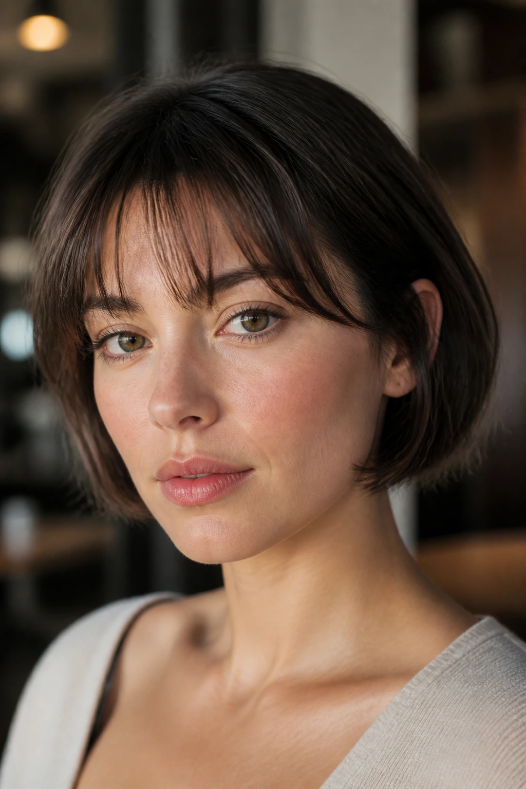 Close-up portrait of a real woman with wispy fringe French bob in soft lighting
