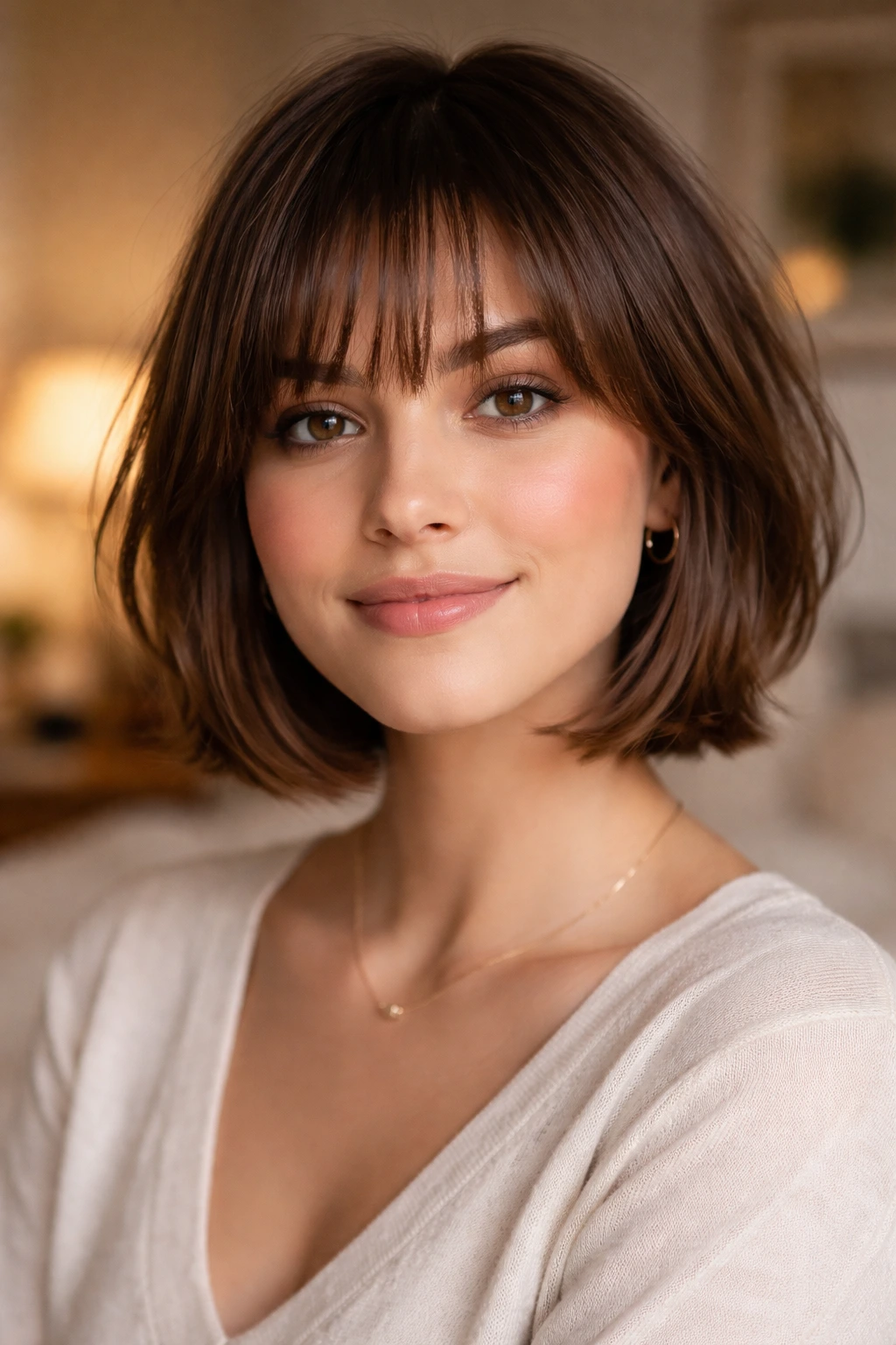 Real woman with wispy fringe bob and light forehead exposure.