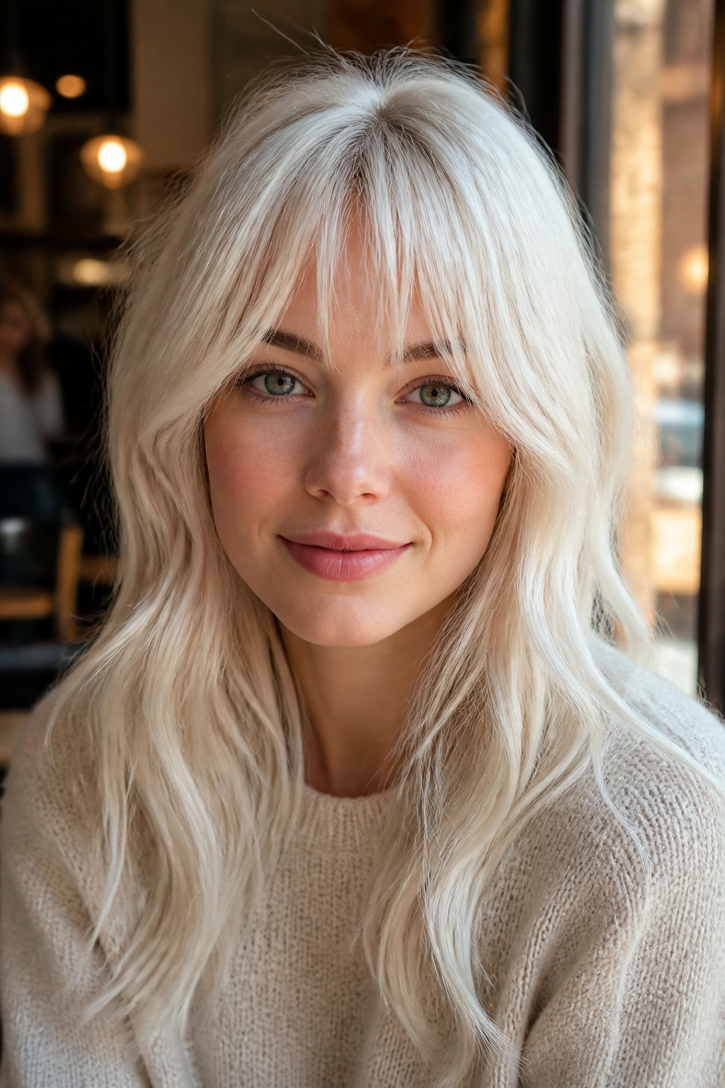 Portrait of a real woman with wispy bottleneck fringe in sunlit cafe light