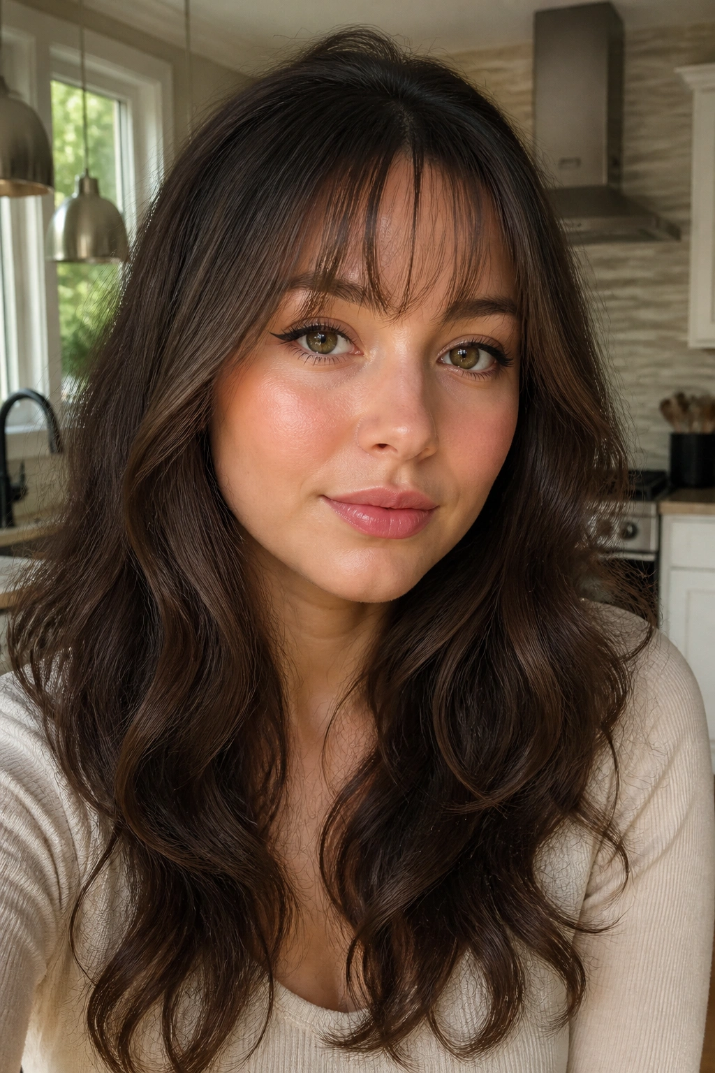 Close-up of a real woman with eyebrow-skimming wispy fringe in natural light