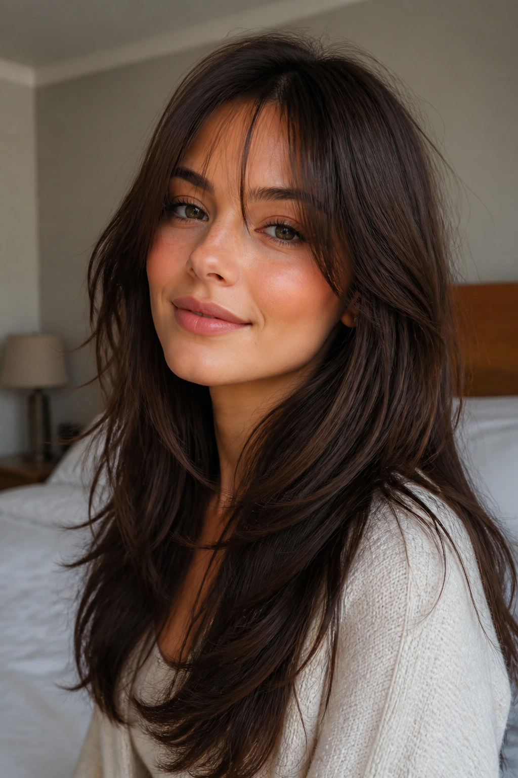 Close-up portrait of brunette with long layered hair and wispy fringe framing the face