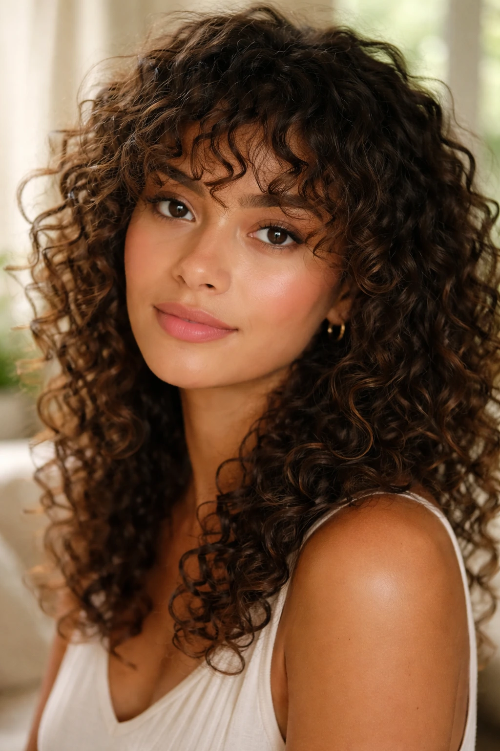 Close-up portrait of a person with wispy curly fringe in soft daylight.