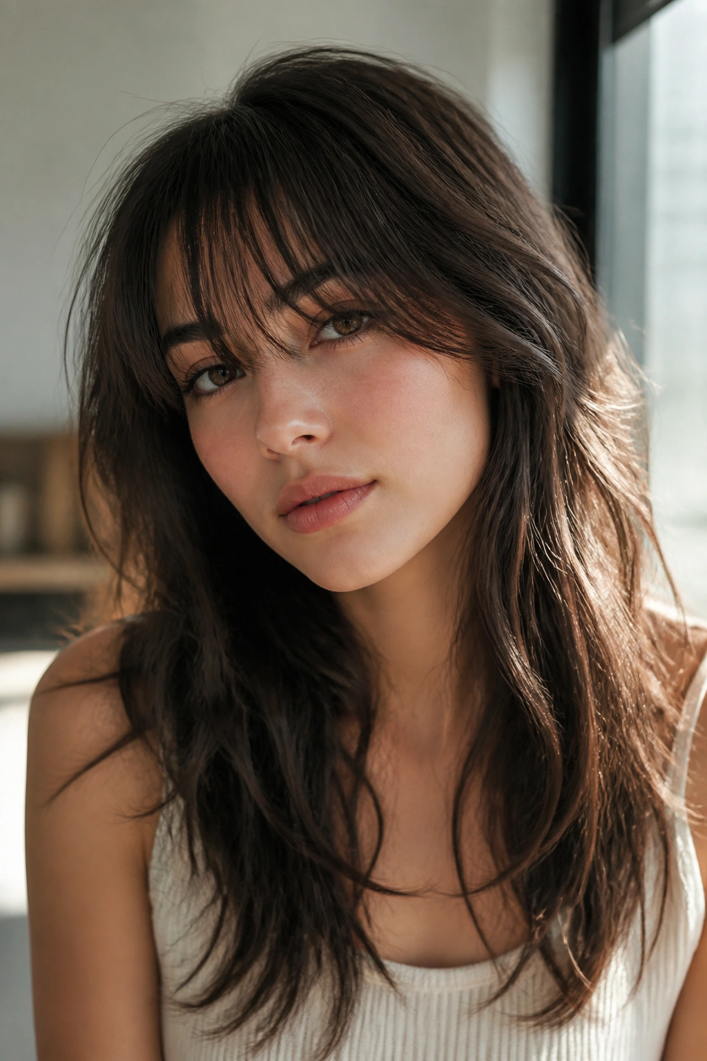 Close-up of real person with wispy fringe and ends in long shag