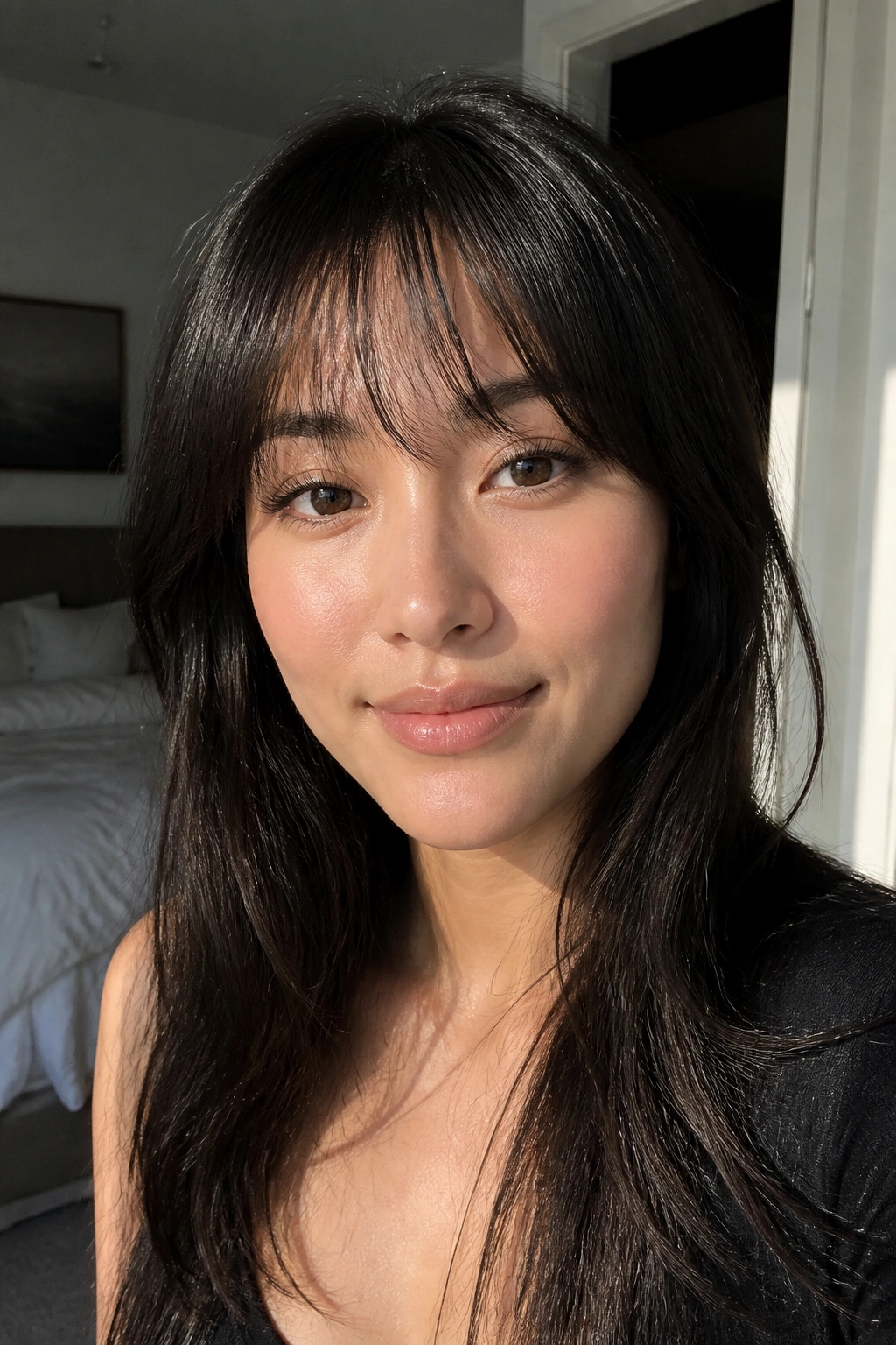 Close-up of a real woman with wispy fringe skimming the eyebrows