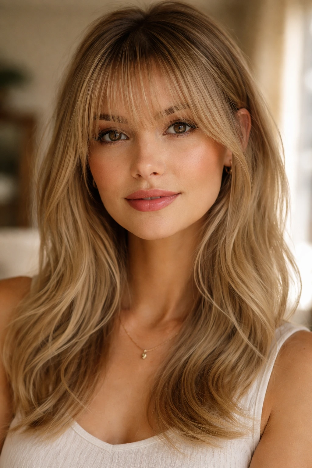 Close-up portrait of a real woman with wispy French fringe, lightweight fringe on fine hair