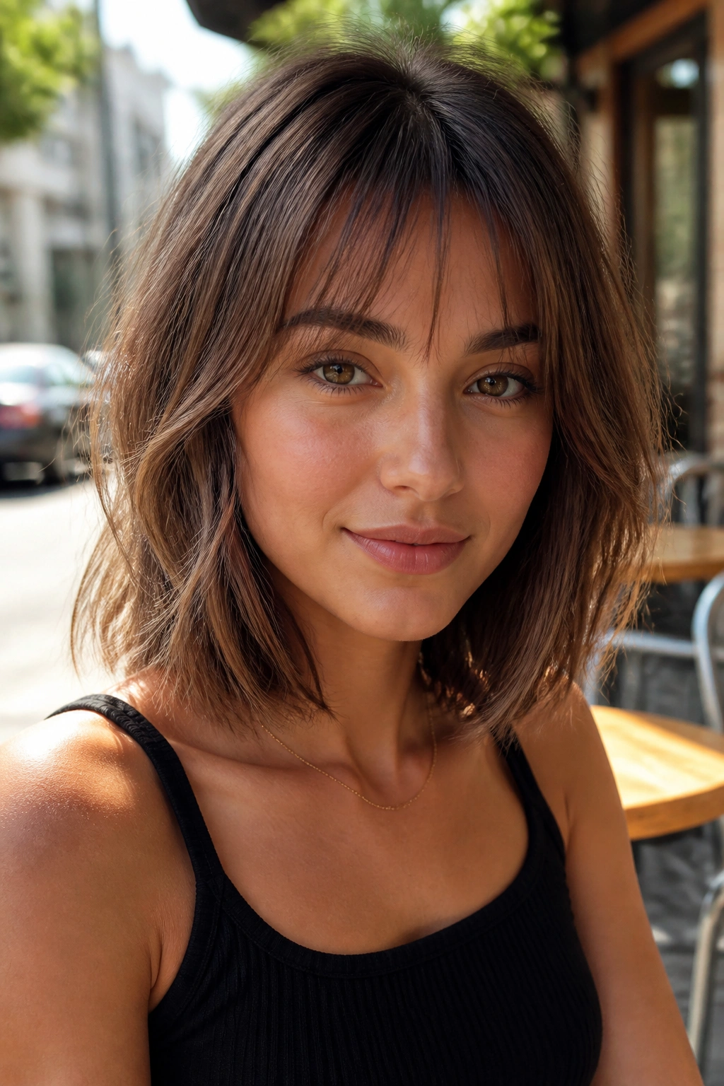 Portrait of a person with wispy fringe lob in soft outdoor cafe light