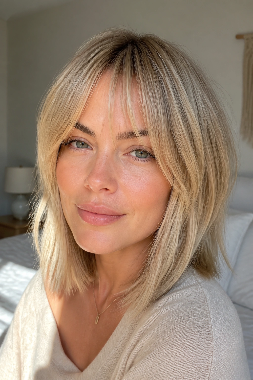 Close-up of a woman with a wispy fringe on a light-blond lob, forehead visible through the fringe.