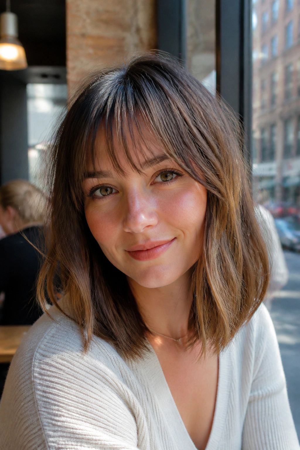 Close-up of a real woman with long bob and wispy brow-skimming fringe