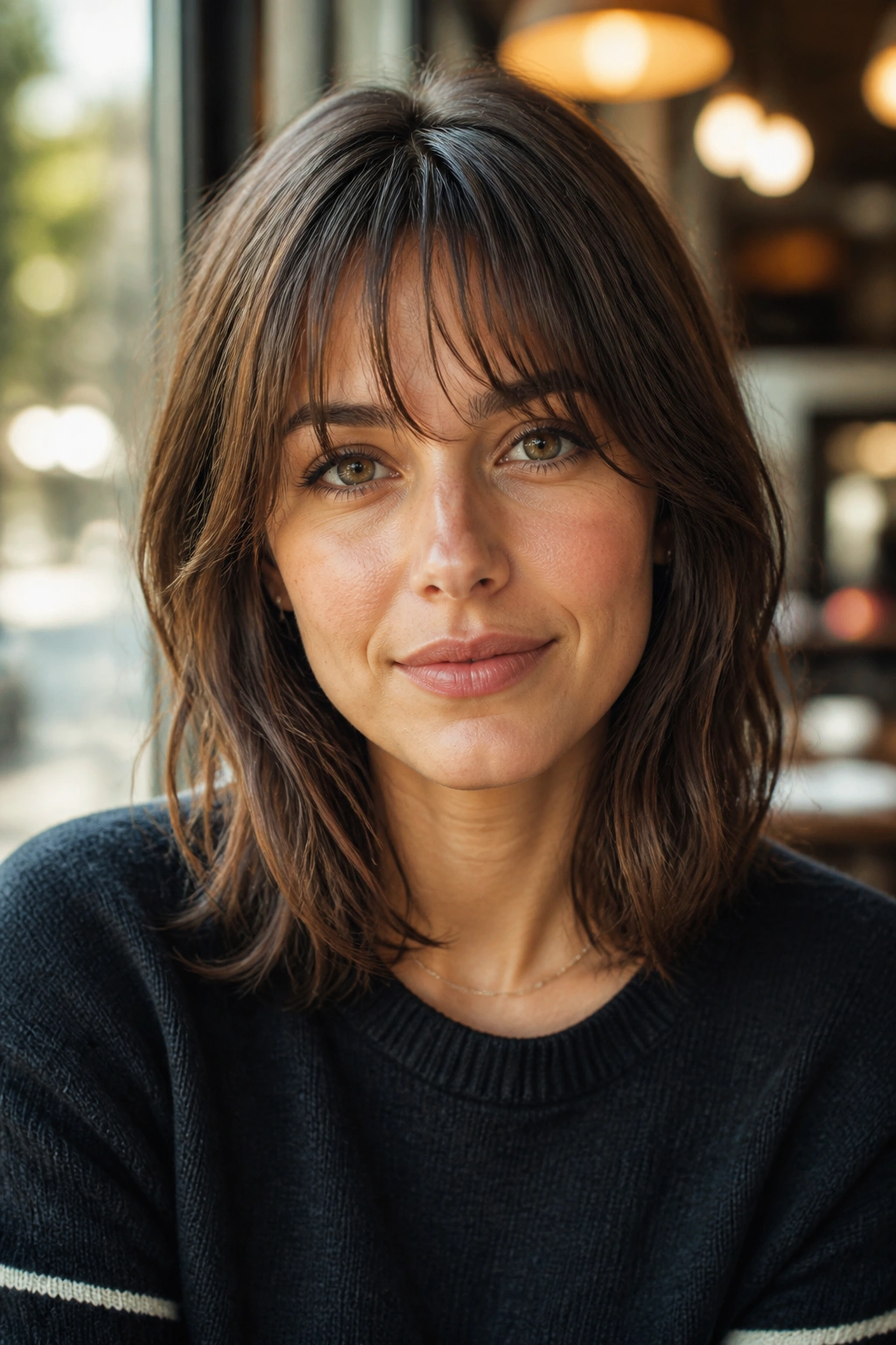Portrait of a person with wispy fringe and medium-length cut