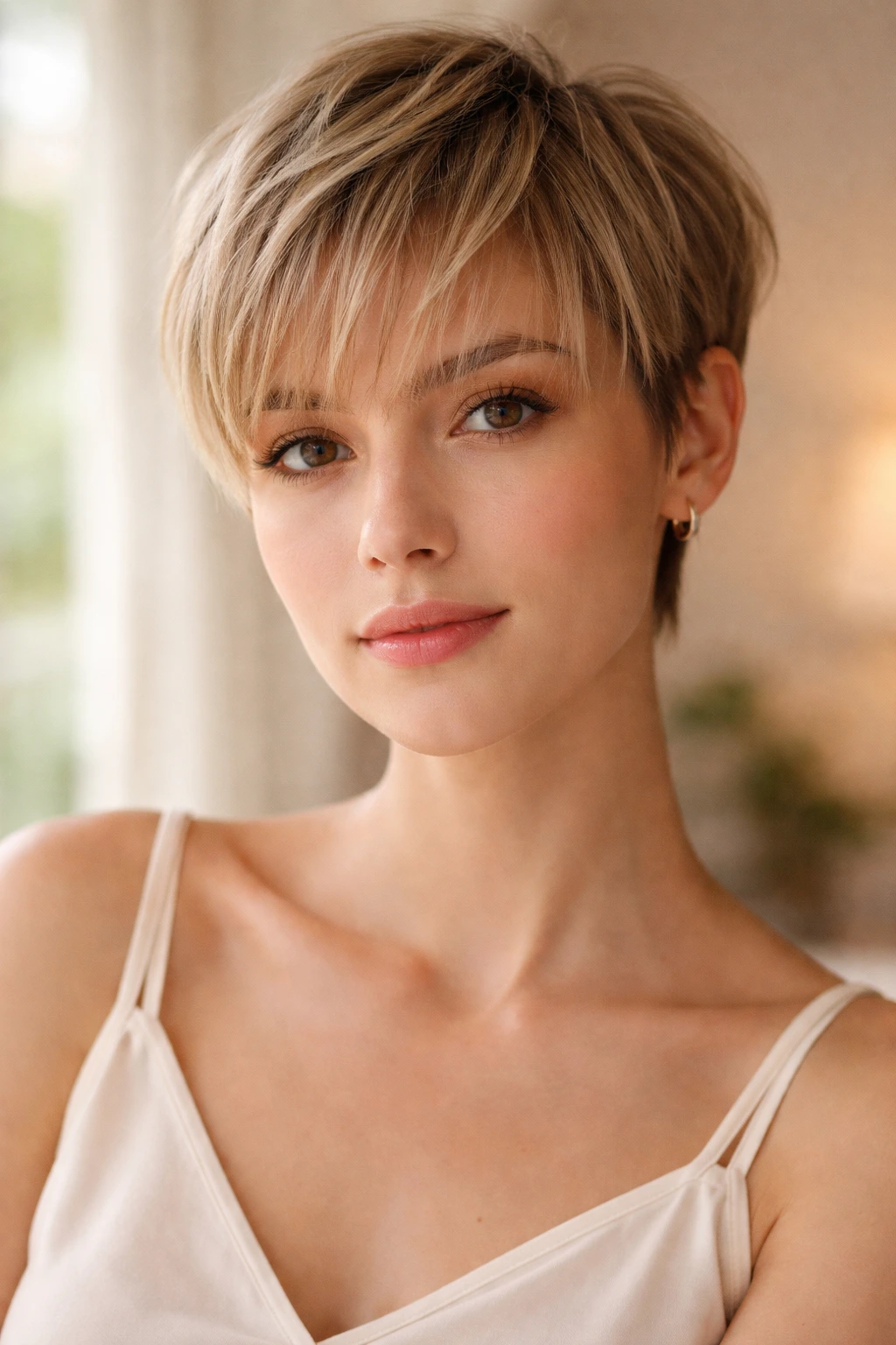 Real woman wearing wispy fringe pixie with light see-through bangs.