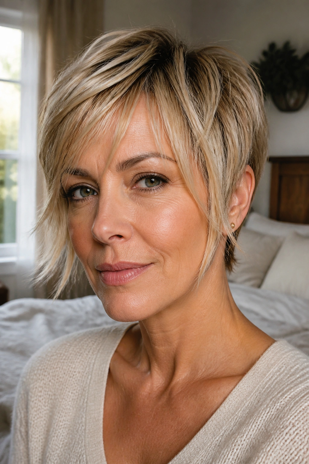 Close-up of a real woman with wispy fringe pixie Honey blonde framing the face