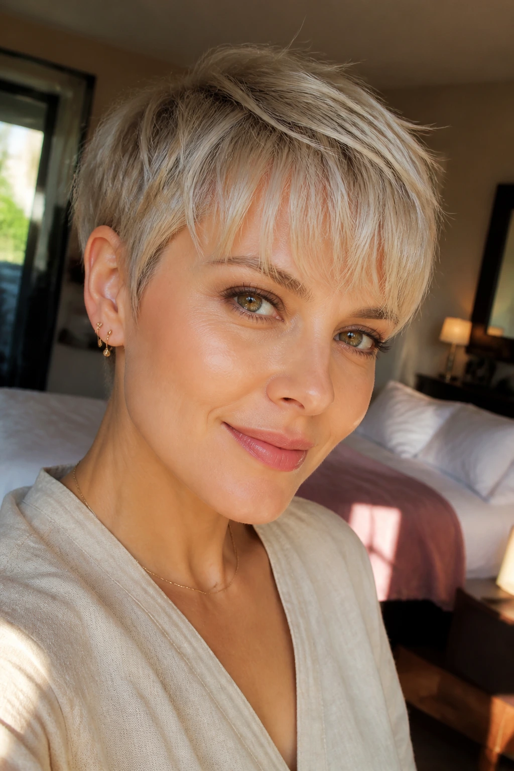 Close-up of real woman with wispy fringe pixie, light movable fringe on a sunlit face.