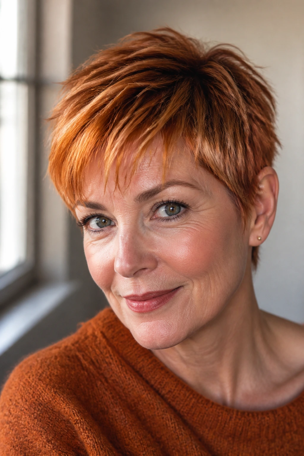 Close-up of a real woman with a wispy fringe pixie and root shadow
