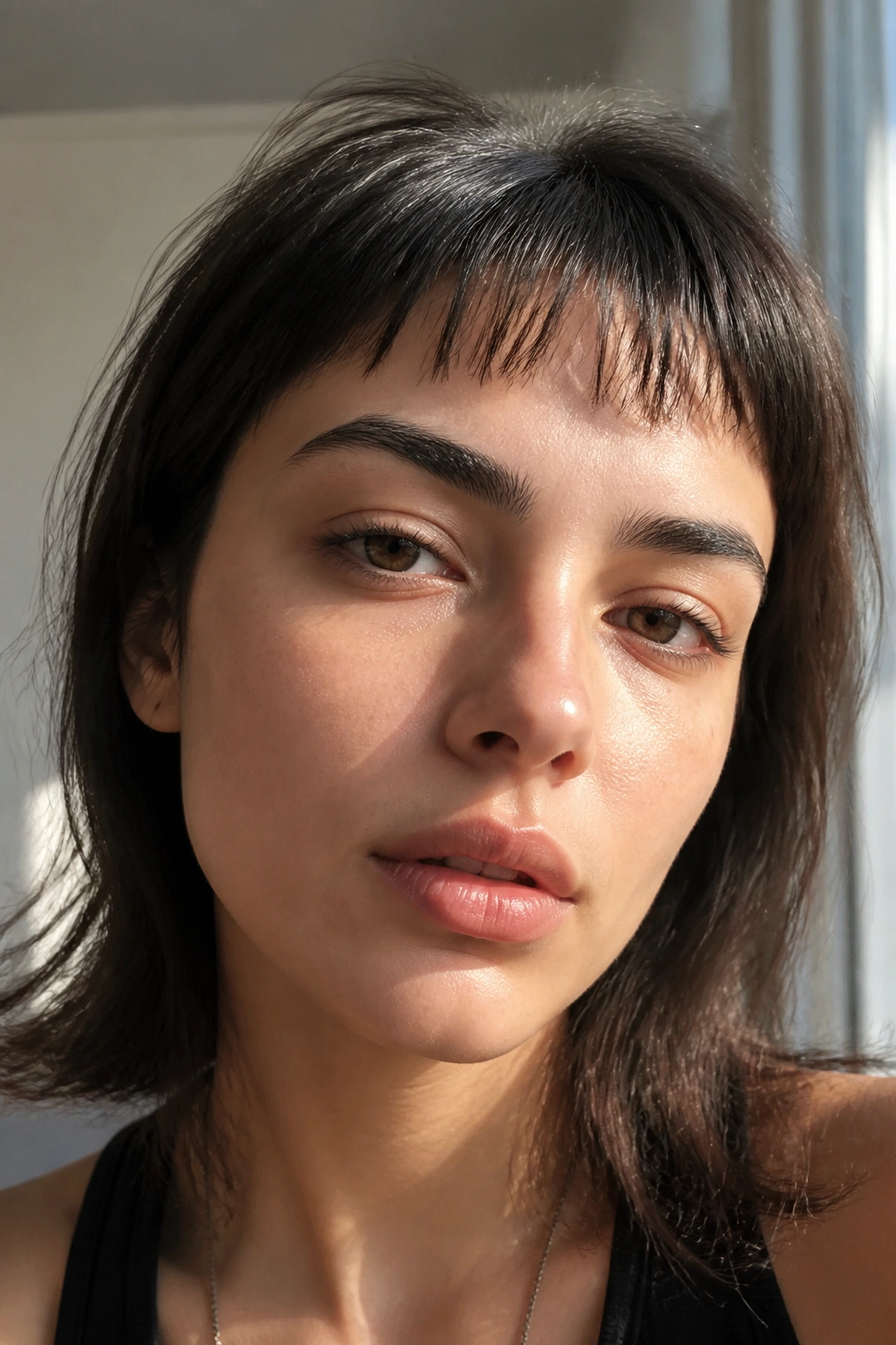 Real woman with wispy micro fringe high on the forehead