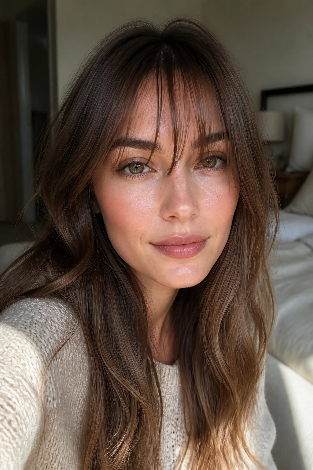 Close-up of a real woman with a wispy airy fringe in soft morning light