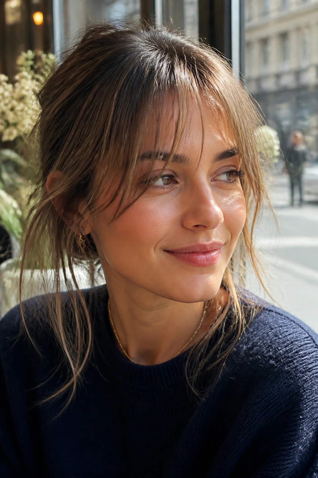 Close-up portrait of a real woman with wispy fringe.