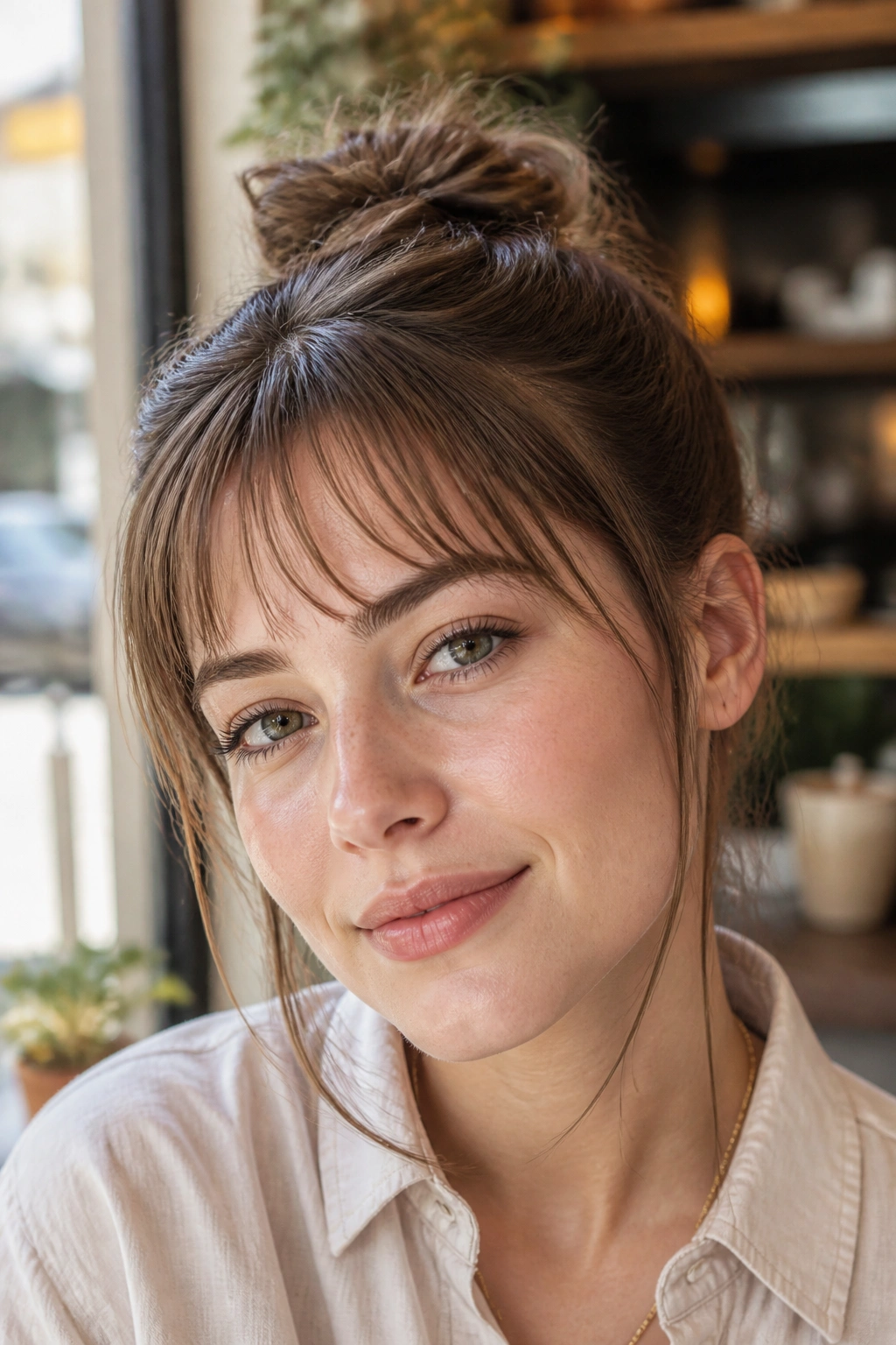 Close-up portrait of a woman with wispy see-through fringe in daylight