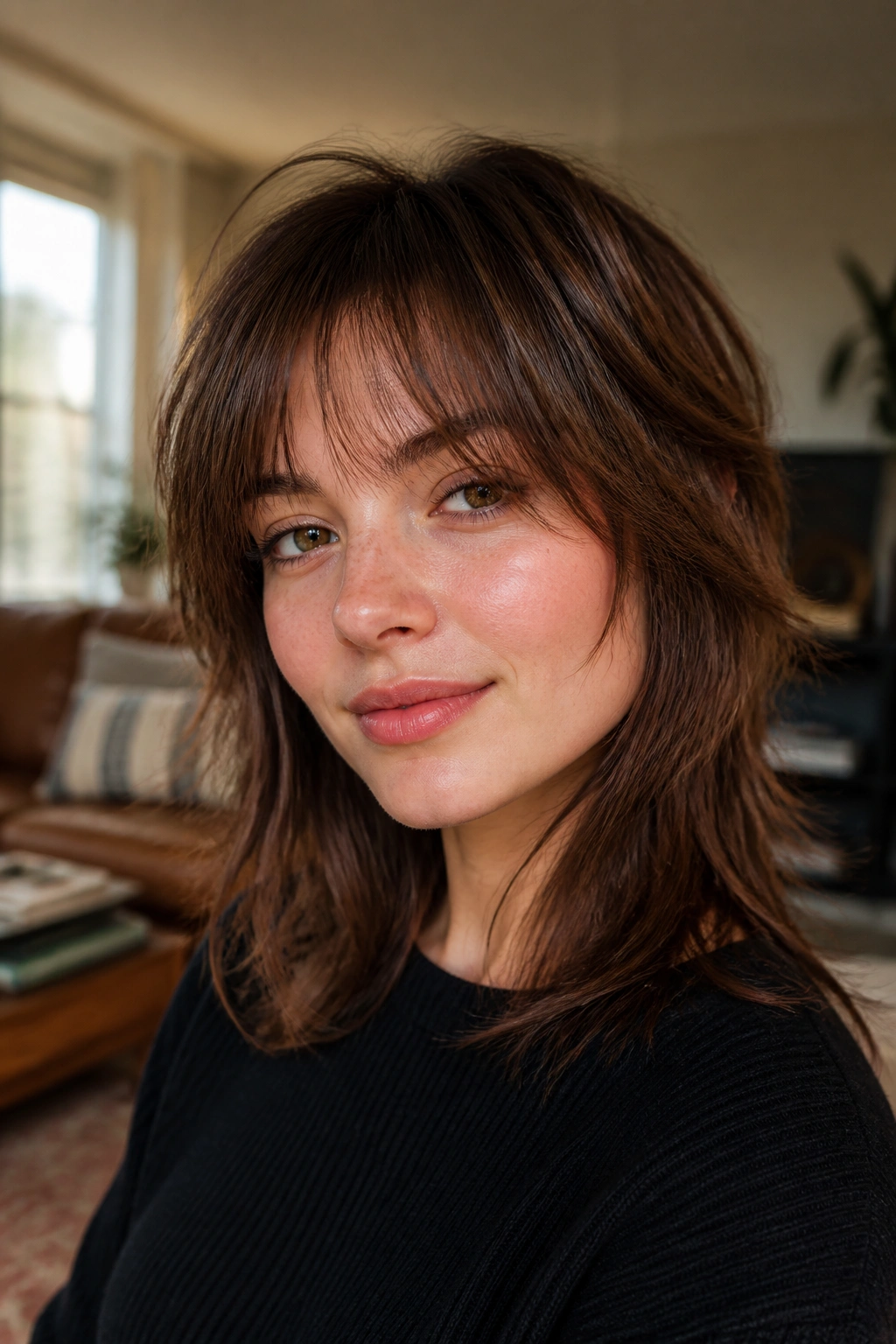 Real person with wispy fringe shag showing soft forehead break