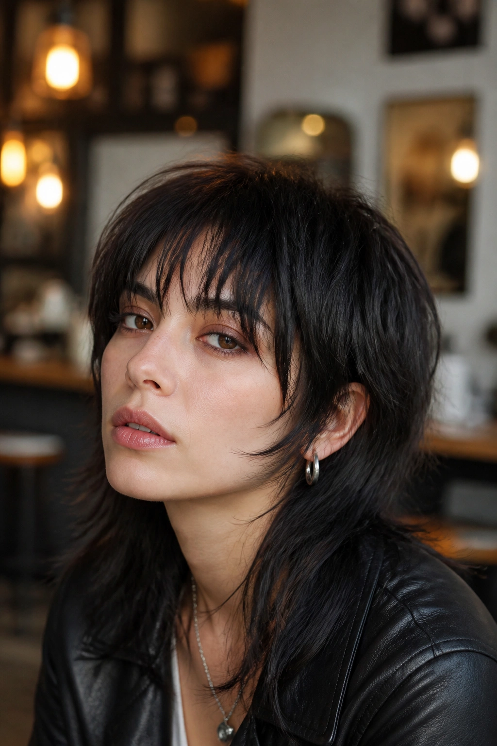 Close-up of real person with wispy fringe shag mullet in warm indoor setting