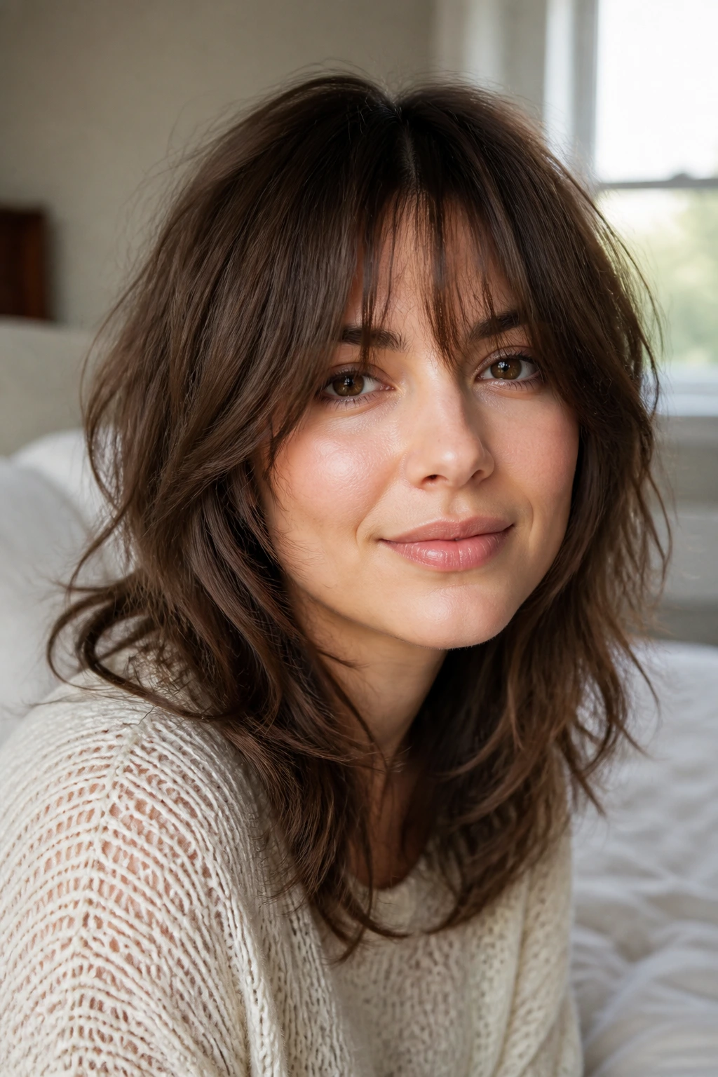 Portrait of a woman with wispy fringe shag soft perimeter in daylight