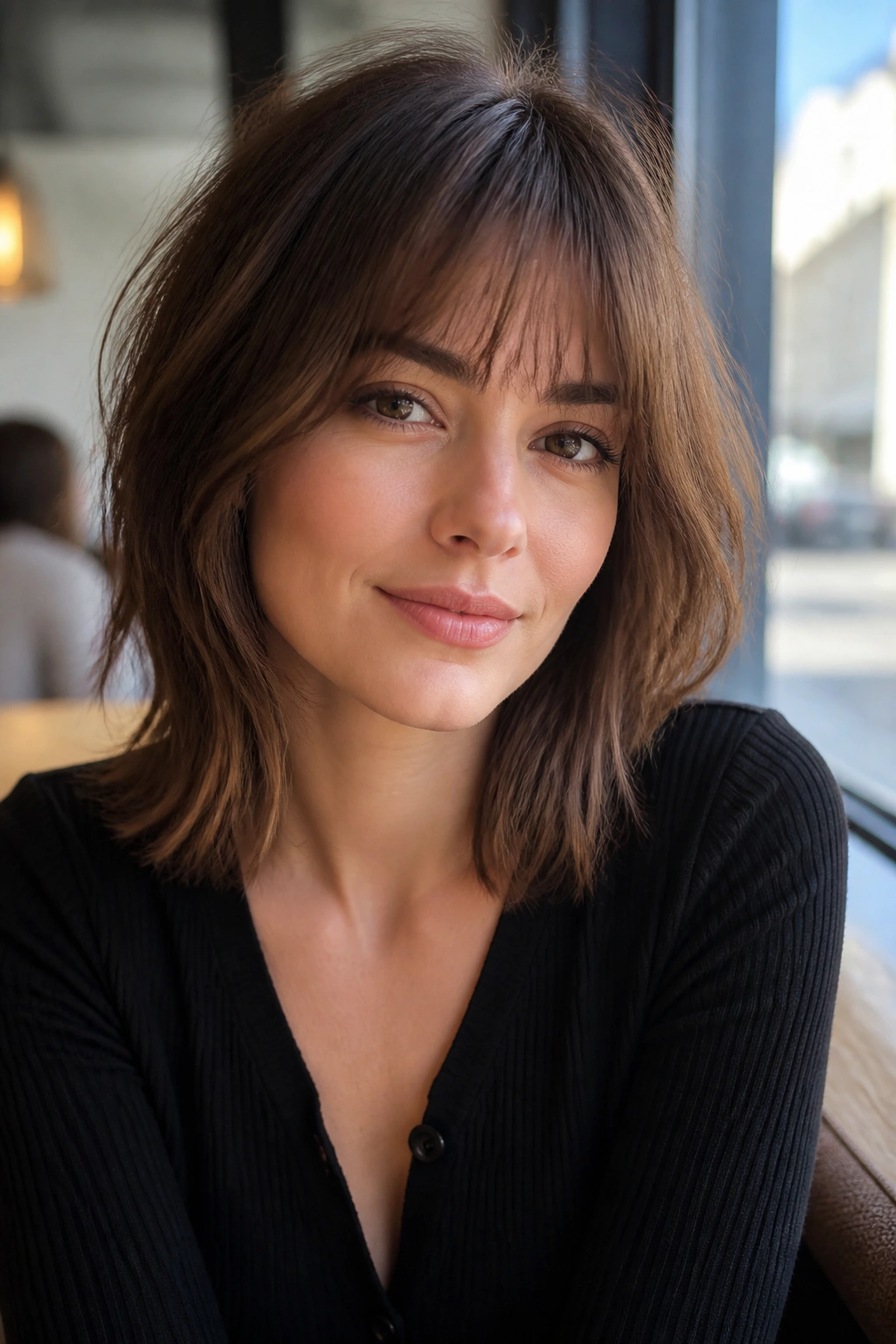 Real woman with wispy fringe and shoulder-length ends portrait