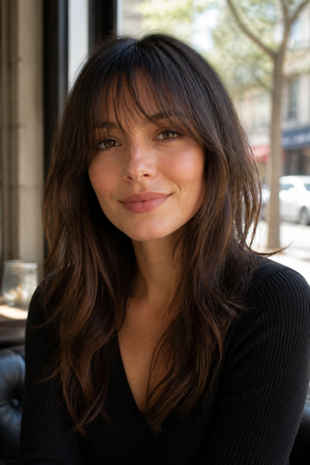 Real woman with wispy full fringe and side length, soft daylight
