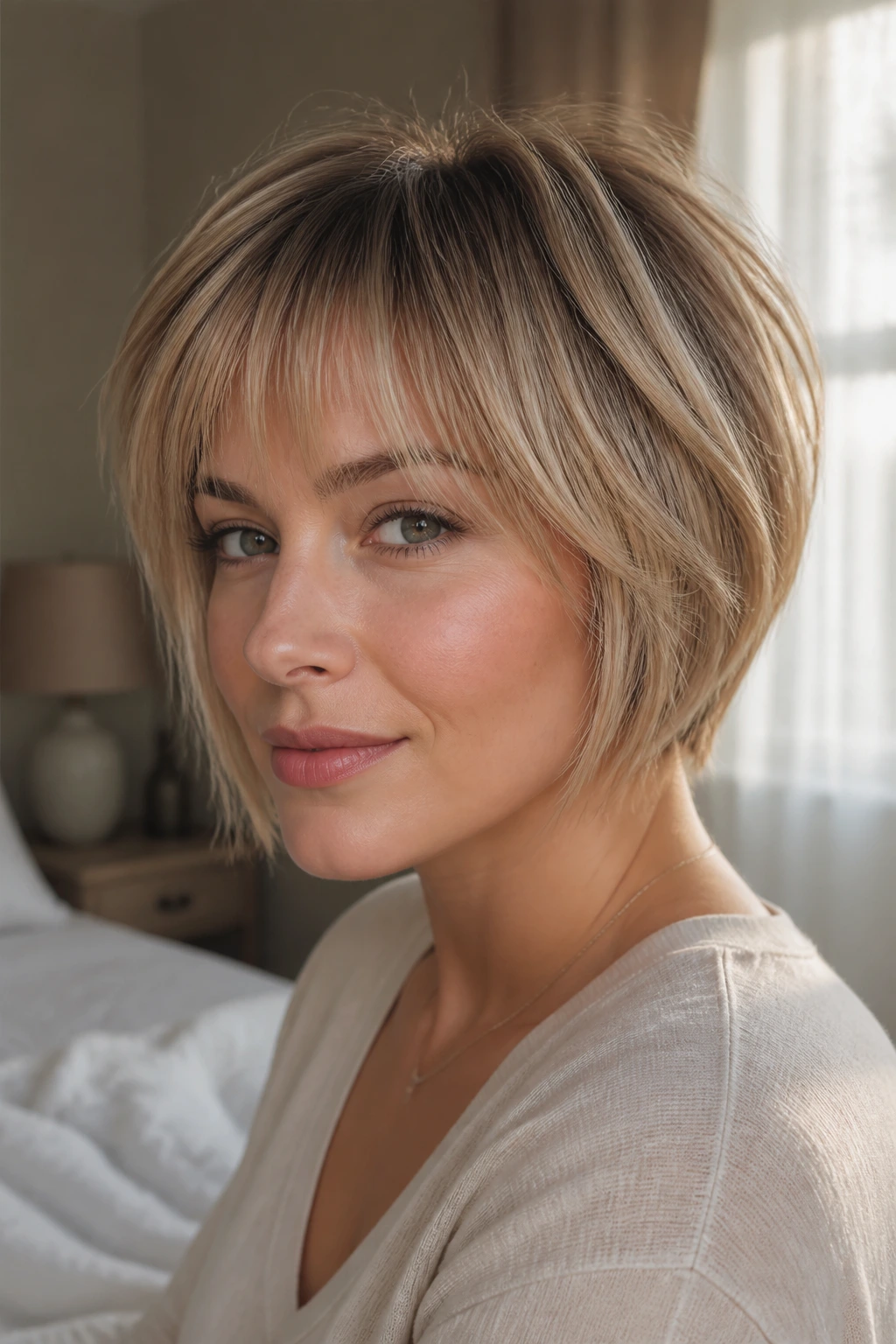 Close-up portrait of a real woman with wispy fringe above brows and a soft stacked back.